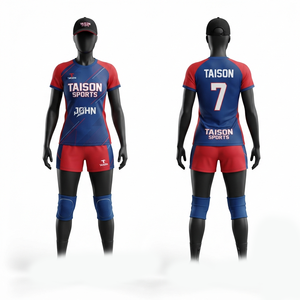 Uniforme de handball pour femmes en polyester interlock premium 180 GSM, bleu et rouge, panneaux raglan, sublimation personnalisée - Product Image 1