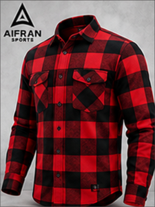 AIFRAN เสื้อเชิ้ตผ้าฝ้ายลายสก๊อตสีแดงสีดำสำหรับผู้ชายแขนยาวลำลองคอปกแบบพับได้ระบายอากาศได้ดีปุ่มสวมใส่ในฤดูใบไม้ร่วง - Product Image 1