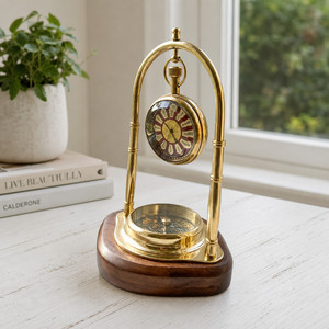 Premium Brass Desk <b>Clock</b> with Compass Wooden Base Vintage Antique Nautical Table <b>Clock</b> Decorative Home Office Timepiece - Product Image 4