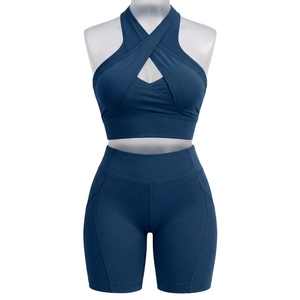 Women's Navy Blue Cross Back Sports Bra Shorts Set <b>Seamless</b> Yoga Gym Workout <b>Clothing</b> Custom Private Label OEM - Product Image 1
