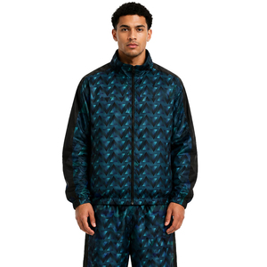Men Geometric Print Knitted Tracksuit Set <b>Stand</b> Collar Full Zip Jacket Pants Breathable Satin Fabric Street Style Autumn Wear - Product Image 2