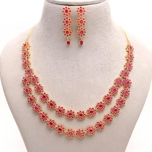 New Arrival Handcrafted <b>Ruby</b> Floral <b>Necklace</b> Double Layer Red Stone <b>Necklace</b> with Earrings At Factory Price - Product Image 2