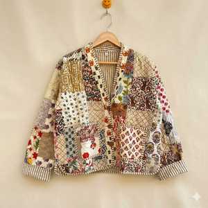 เสื้อแจ็คเก็ตวาร์ซิตี้แบบควิลท์ลายกันธา ผ้าฝ้ายวินเทจลายดอกไม้ สำหรับฤดูหนาว ทำมือ ใส่ได้สองด้าน สไตล์โบโฮ ยั่งยืน สำหรับผู้หญิง - Product Image 2