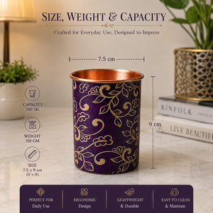 Vaso de Agua de Cobre Puro con Diseño Floral Morado de Lujo, Hecho a Mano, Taza Ayurvédica, Vajilla de Cocina, Venta al Por Mayor - Product Image 5