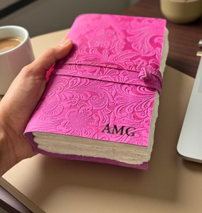 Handmade <b>Leather</b> Journal - Vintage White Deckle Edge Paper, Pink Flower <b>Book</b> - Product Image 1