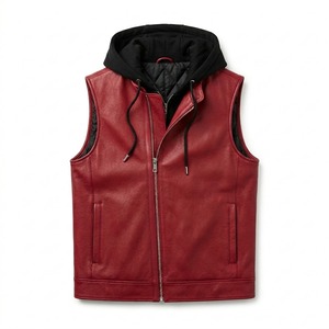 Chaleco con capucha de cuero genuino para hombre, con cremallera, estilo motero, sin mangas, chaqueta cortavientos de otoño - Product Image 1