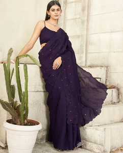 Sari morado KV bordado con blusa sin coser - Product Image 1