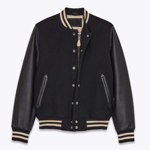 Veste varsity noire pour homme, corps en laine, manches en cuir PU, boutons pression, style baseball, coupe classique confortable, automne - Product Image 4