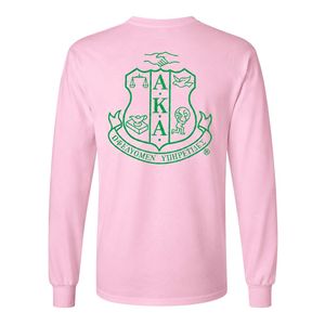 เสื้อยืดแขนยาว AKA World Famous Crest สำหรับผู้หญิง สีชมพู เสื้อคอวีลายตัวอักษรกรีกแบบคลาสสิก เสื้อผ้าสตรีมีสไตล์ - Product Image 4