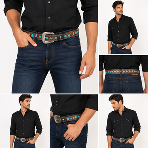 Cinturón de Cuero Occidental Premium para Hombre, con Incrustaciones de Piedras Turquesa y Hebilla Grabada, para Uso Casual - Product Image 6