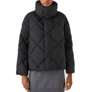 Women's <b>Quilted</b> Puffer Jacket Solid Color Stand Collar Full Sleeve Winter Short Length Polyester <b>Wadding</b> Coat - Product Image 1