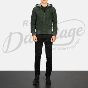 Veste bomber à capuche en daim vert olive pour homme, coupe slim, décontractée, zippée, en daim véritable, douce, tendance, vêtement d'extérieur - Product Image 6