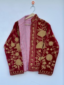 Red <b>Velvet</b> Embroidered Breathable Suzani <b>Jacket</b> <b>Women</b> Gold Floral Boho Handmade Winter Outerwear Christmas Gift Holiday - Product Image 3