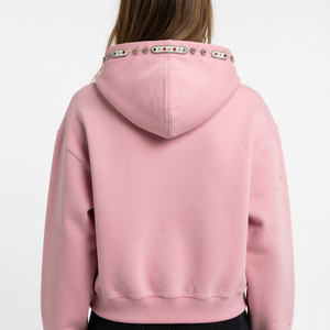 Sweat à capuche zippé personnalisé avec impression par transfert thermique, coupe oversize, effet délavé, respirant, en coton épais 100%, orné de strass, coupe carrée - Product Image 3