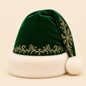 <b>Green</b> Velvet Christmas-themed Floral Santa Hat Gold Embroidery Digital Printing White Faux <b>Fur</b> Trim Unisex Party Winter Adult - Product Image 3
