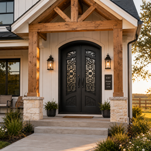 Puerta doble de entrada de hierro forjado moderna, resistente al óxido y elegante, con un diseño arqueado y motivos de volutas. - Product Image 3