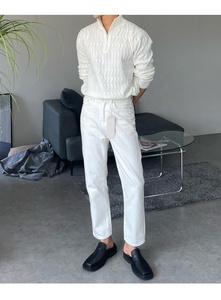 Pull en maille blanc à col montant zippé, manches longues, couleur unie, 100 % coton, style minimaliste, pour femme, collection automne - Product Image 4