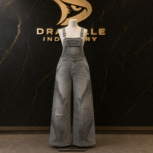 Mono vaquero de pierna ancha con lavado ácido, gris plateado, con pedrería brillante, unisex, estilo holgado, ropa urbana Hypebeast, proveedor mayorista - Product Image 1