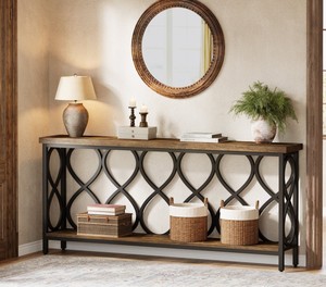 Console en bois rustique avec étagère de rangement en métal, meuble d'entrée ou de salon au design antique - Product Image 4
