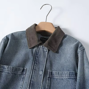 He She Wears Women's Stonewashed <b>Denim</b> <b>Jacket</b> Eco-Friendly Breathable Contrast Color Shoulder Patches Button Front Long Sleeve - Product Image 3