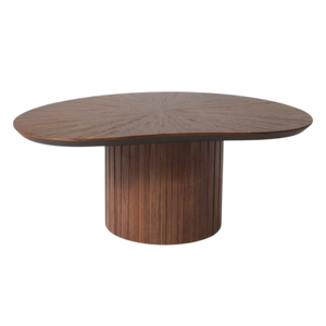 Organic <b>Oval</b> Teak Wood <b>Coffee</b> <b>Table</b> with Fluted Pedestal Base & Sunburst Top - Product Image 1