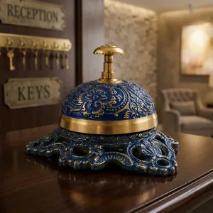 Campana de Servicio Vintage de Latón con Acabado de Esmalte Azul Antiguo, Campana Decorativa Ornamentada para Recepción, Hotel o Restaurante - Product Image 5