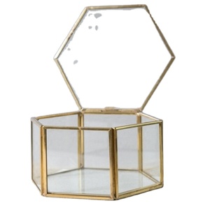 Glass Jewelry <b>Box</b> Hexagon Shape With Lid Minimalist Design Hinged Metal Frame <b>Storage</b> Container - Product Image 1
