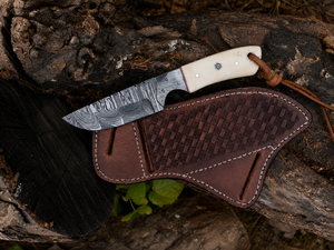 Handmade Damascus steel cowboy Skinner <b>knife</b> <b>bone</b> <b>handle</b> and western style pancake leather sheath - Product Image 5