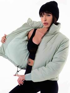 Top <b>Women's</b> <b>Light</b> Green Quilted Puffer Jacket Stand Collar Full Sleeve Zipper Closure Winter <b>Coat</b> Solid Color Puff Sleeve Design - Product Image 4
