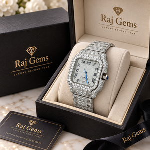 นาฬิกาข้อมือเพชรหรูหรา Raj Gems ตัวเรือนสแตนเลสทรงเหลี่ยม กระจกแซฟไฟร์ หน้าปัดอนาล็อก ตัวเลขโรมัน ควอตซ์ สายแบบกำไลข้อมือสำหรับผู้หญิง กันน้ำ 10 บาร์ - Product Image 1
