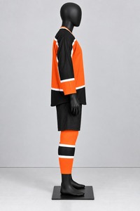 Maillot de hockey sur glace personnalisé professionnel, uniforme d'équipe par sublimation, vêtements de sport respirants en polyester, uniforme à panneaux orange, noir et blanc - Product Image 4