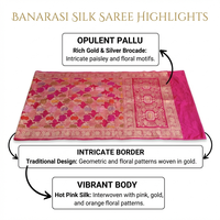 Sari en soie brodée Banarasi, style Kanchipuram de luxe, tissage jacquard, tenue traditionnelle indienne ethnique vintage pour les fêtes d'été
