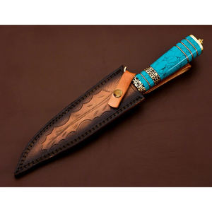 Couteau Bowie Damas fait main, manche en marbre et laiton, lame fixe, étui en cuir - Product Image 4