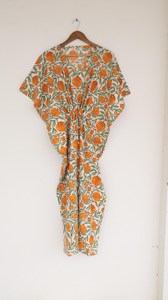 Elegante Vestido Kaftán de Algodón con Estampado Floral Naranja, Cintura Ajustable, Estilo Bohemio, Casual, para Vacaciones de Verano - Product Image 3