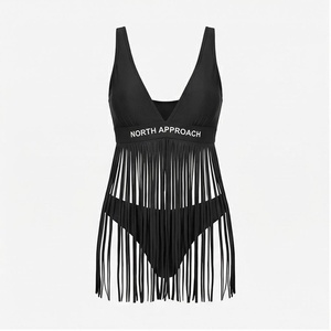 North Approach Women's Black One-Piece Swimsuit Deep V Neck Tassel <b>Fringe</b> Bodysuit Stretch Swimwear - Product Image 1