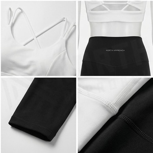 2 Piece Yoga Set White Crop <b>Top</b> Black High Waist Leggings Seamless Solid Spandex Polyester Breathable Sportswear - Product Image 4