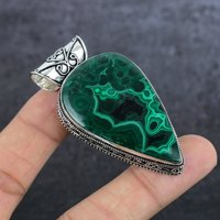 Pendentif Goutte d'Eau en Malachite Naturelle, Style Bohème, Sertissage Canal, Plaqué Argent 925 Antique, Bijou Unisexe, Cadeau de Mariage