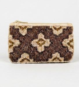 Beaded Cosmetic Pouch With Floral Pattern In Brown And Cream Colors Handcrafted For Women's Accessories - Product Image 2