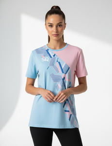 T-shirt en molleton français pour femme de qualité supérieure - 350 GSM - Bleu et rose - Logo SQS - Product Image 1