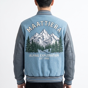 <b>Mens</b> Light <b>Blue</b> Gray Leather Sleeve Jacket Mountain Embroidery Custom Bomber Streetwear Snap Button Premium Outerwear - Product Image 1