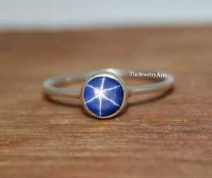 Blue Lindy Star, Sapphire <b>Engagement</b> <b>Ring</b>, Art Deco <b>Unique</b> Bridal Wedding <b>Ring</b>, Blue Gemstone <b>Ring</b>, 6 Ray Star Proposal <b>Ring</b> - Product Image 1
