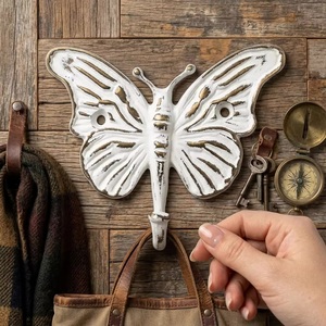 Gancho de Pared Vintage con Forma de Mariposa, Blanco, Hierro Fundido Envejecido, Hecho a Mano, Duradero, Ecológico, Ajustable, Autoadhesivo para Ropa - Product Image 3