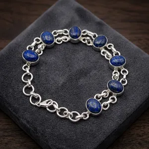 Lapis Lazuli 925 Sterling Silver <b>Chain</b> Bracelet Bezel Set Oval Stones Classic Everyday Wear Unisex Jewelry - Product Image 6