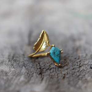 Natural <b>Turquoise</b> <b>Ring</b> 925 Sterling Silver 14K Gold Plated Statement Bohemian Gemstone <b>Ring</b> For Women Jewelry - Product Image 4