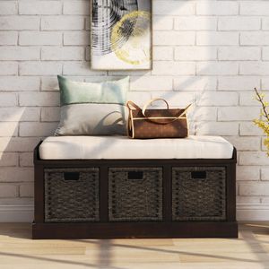 Panca Rustica con 3 Cesti per Ingresso, con Cuscino Rimovibile, in Rattan Classico, Arredamento Classico per Soggiorno - Product Image 2