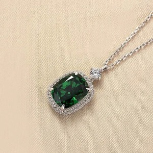 925 Moissanite Halo <b>Emerald</b> Green Cushion Cut <b>Pendant</b> Necklace in 18K White Gold Plated Moissanite Diamond Pendent Necklace - Product Image 3
