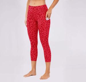 <b>High</b> Waist Calf-Length Yoga Leggings <b>Leopard</b> <b>Print</b> Red Spandex Polyester Four-Way Stretch With Pockets - Product Image 5