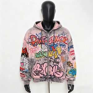 Sudadera con capucha personalizada con cremallera, de felpa francesa, bordado, 450 g/m², algodón pesado, lavado a la piedra, con estampado de grafiti - Product Image 2