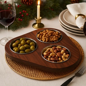 Plateau de service moderne en bois de qualité supérieure avec deux bols en acier inoxydable, support multifonctionnel pour snacks et condiments, idéal pour les baptêmes - Product Image 5