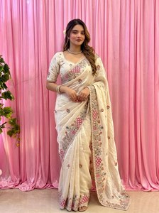 Heavy thread work saree Soft silk party wear saree Indian wedding saree set Designer embroidered saree - Product Image 1